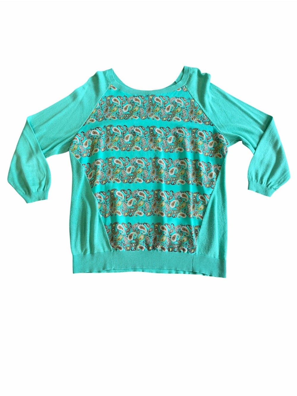 Anthropologie Moth Paisley Print Sweater Top Aqua Green Raglan Sleeve Size M